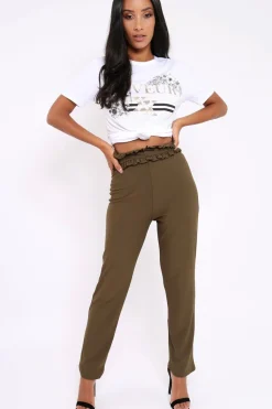 Rebellious Fashion Khaki Frill Hem Wide Legged Trousers - Megan