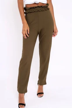 Rebellious Fashion Khaki Frill Hem Wide Legged Trousers - Megan