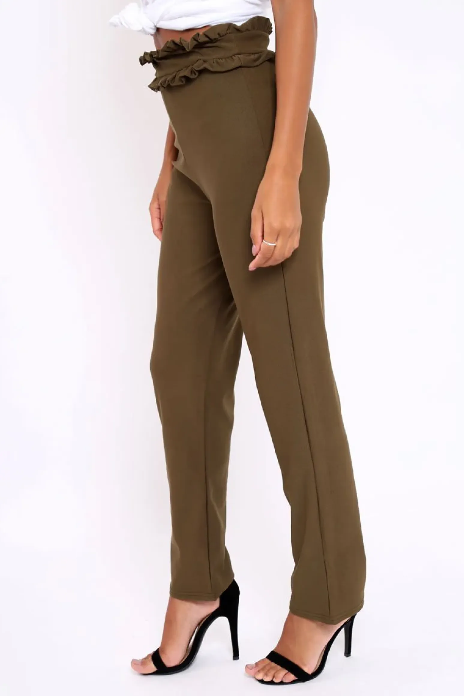 Rebellious Fashion Khaki Frill Hem Wide Legged Trousers - Megan