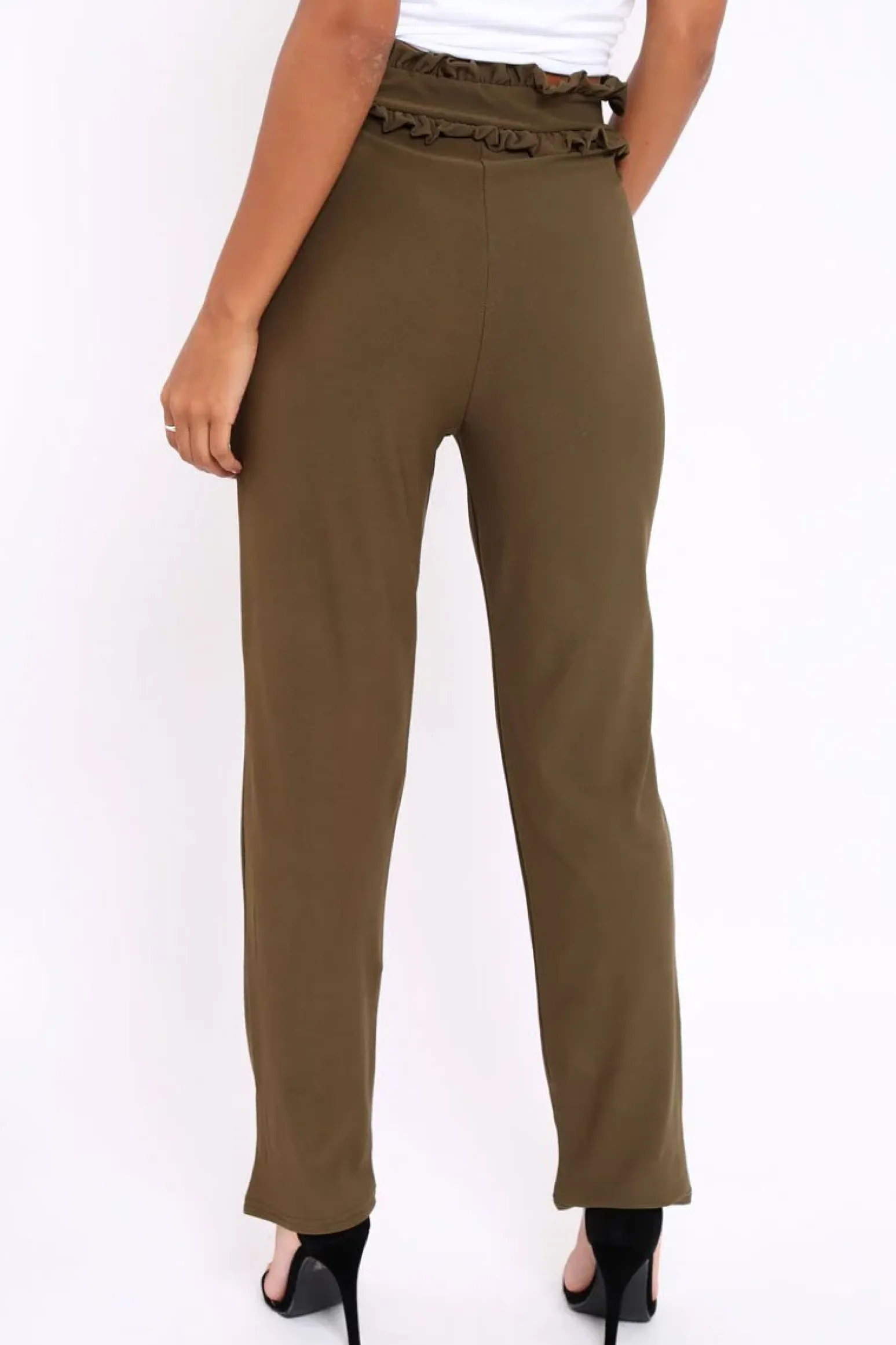 Rebellious Fashion Khaki Frill Hem Wide Legged Trousers - Megan