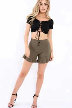 Rebellious Fashion Khaki Frill Shorts - Abi