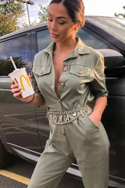 Rebellious Fashion Khaki Front Button Belted Boiler Jumpsuit - Nyrah