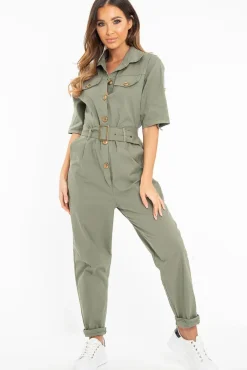 Rebellious Fashion Khaki Front Button Belted Boiler Jumpsuit - Nyrah