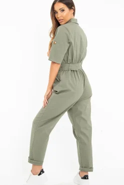Rebellious Fashion Khaki Front Button Belted Boiler Jumpsuit - Nyrah