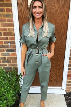 Rebellious Fashion Khaki Front Button Belted Boiler Jumpsuit - Nyrah