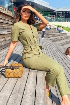 Rebellious Fashion Khaki Front Button Belted Boiler Jumpsuit - Nyrah