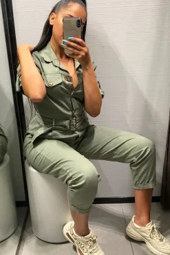 Rebellious Fashion Khaki Front Button Belted Boiler Jumpsuit - Nyrah