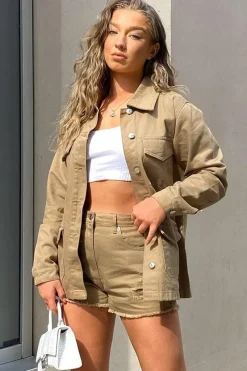 Rebellious Fashion Khaki Front Pocket Full Length Denim Jacket - Jenna