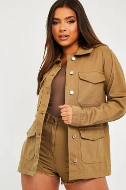 Rebellious Fashion Khaki Front Pocket Full Length Denim Jacket - Jenna