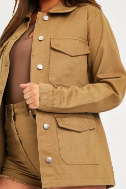 Rebellious Fashion Khaki Front Pocket Full Length Denim Jacket - Jenna