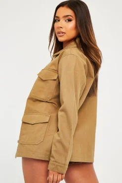 Rebellious Fashion Khaki Front Pocket Full Length Denim Jacket - Jenna