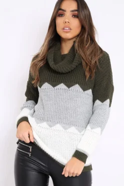 Rebellious Fashion Khaki Grey and White ZigZag Patterned Roll Neck Jumper - Nataley