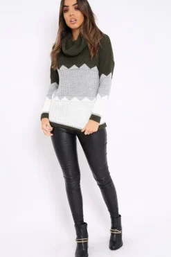Rebellious Fashion Khaki Grey and White ZigZag Patterned Roll Neck Jumper - Nataley