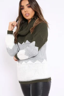 Rebellious Fashion Khaki Grey and White ZigZag Patterned Roll Neck Jumper - Nataley