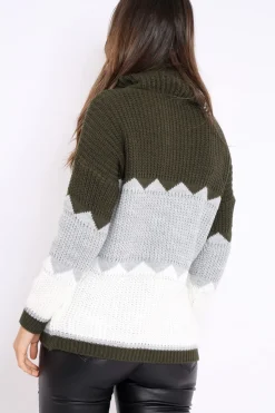 Rebellious Fashion Khaki Grey and White ZigZag Patterned Roll Neck Jumper - Nataley