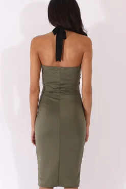 Rebellious Fashion Khaki Halterneck Crochet Layer Midi Dress - Andie