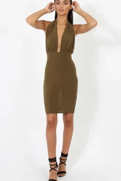 Rebellious Fashion Khaki Halterneck Open Back Bodycon Dress - Eliza