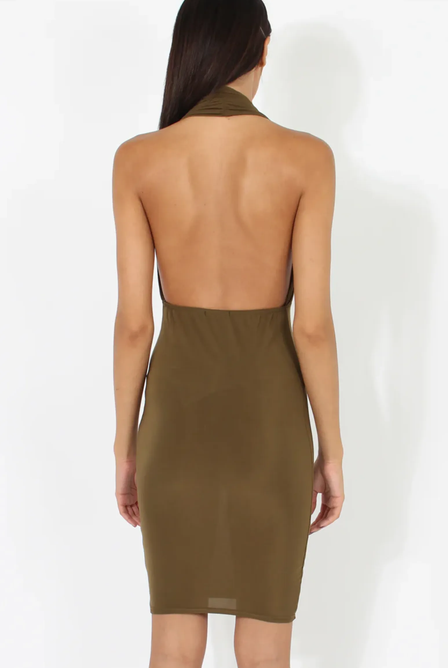 Rebellious Fashion Khaki Halterneck Open Back Bodycon Dress - Eliza