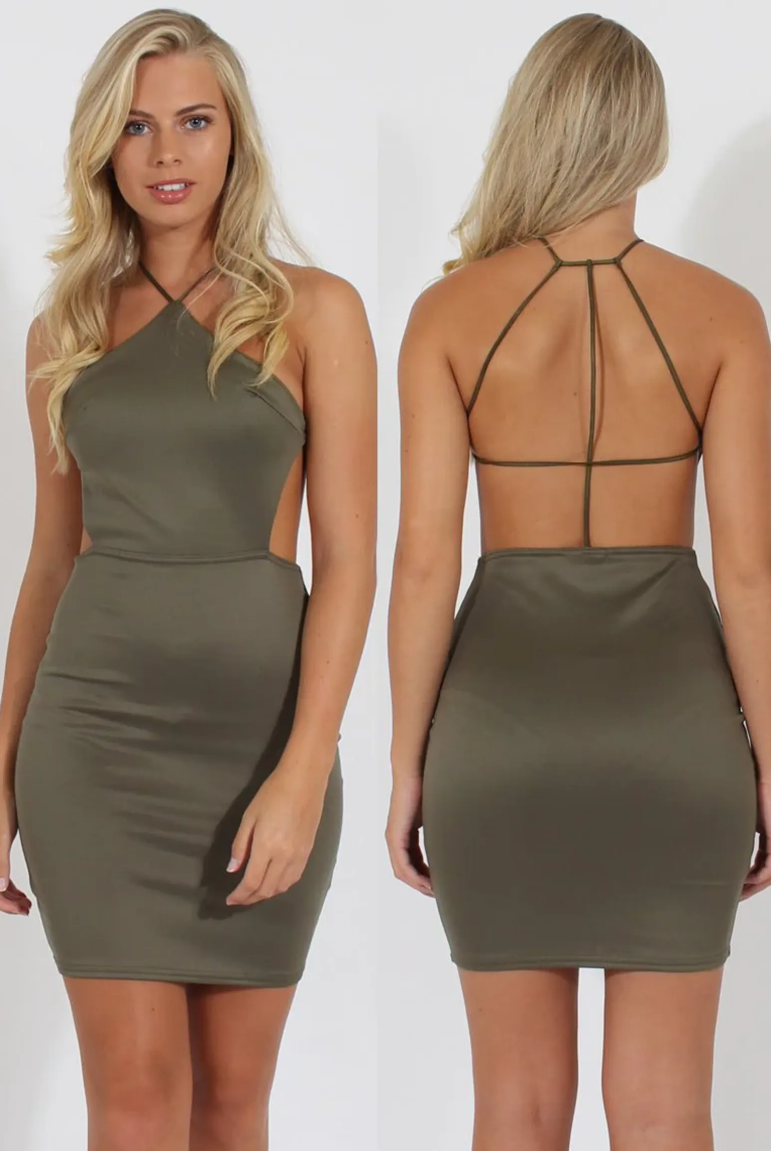 Rebellious Fashion Khaki Halterneck Strappy Mini Dress - Brenda