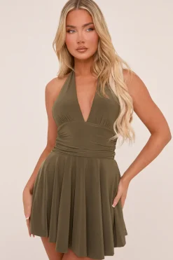 Rebellious Fashion Khaki Halter Plunge Neck Mini Dress - Pippa