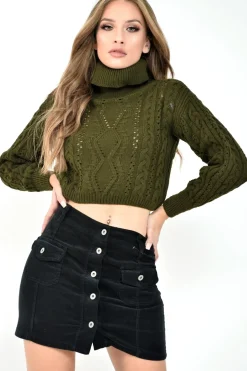Rebellious Fashion Khaki High Neck Cropped Cable Knit Jumper - Sandria