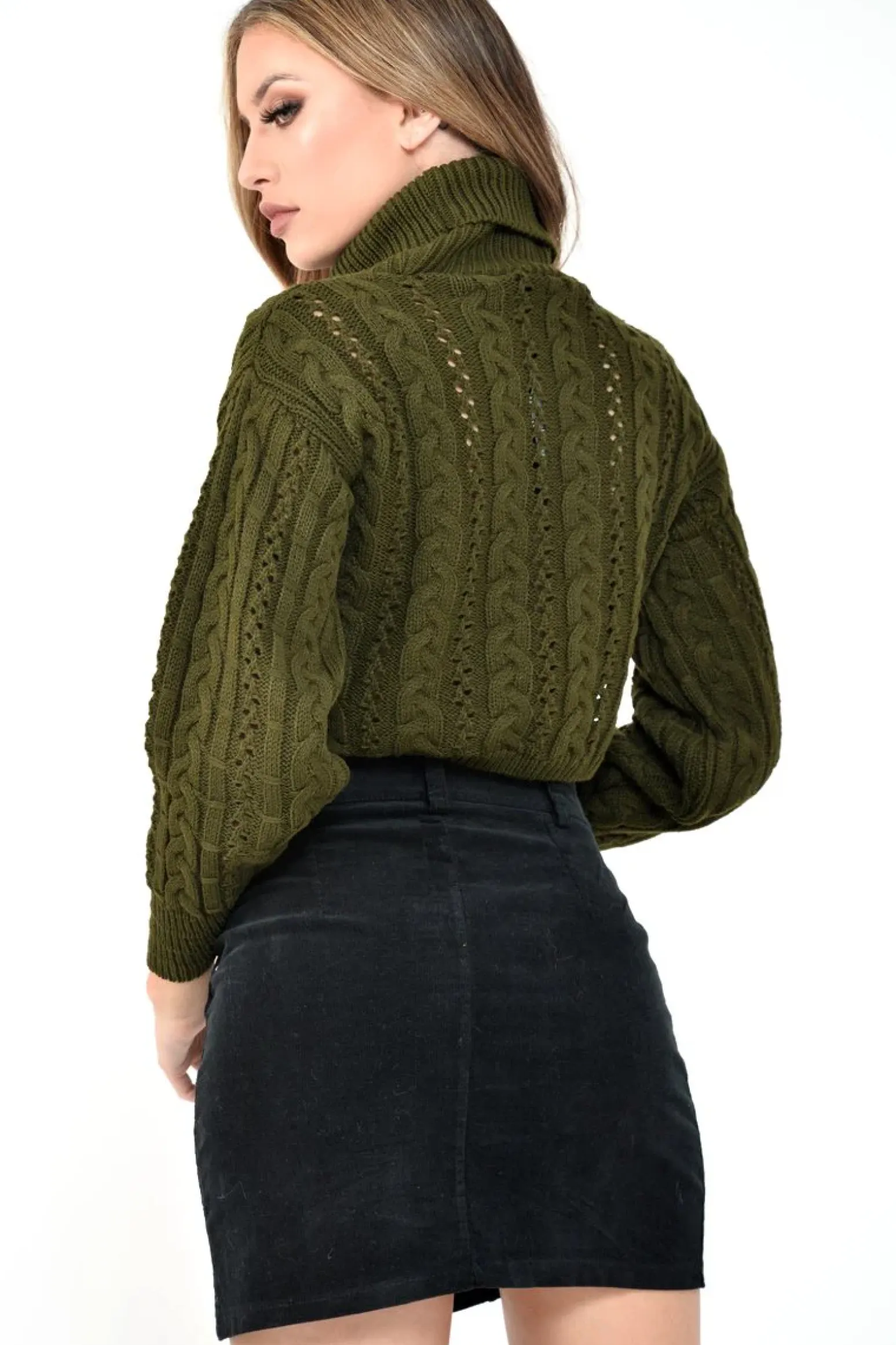 Rebellious Fashion Khaki High Neck Cropped Cable Knit Jumper - Sandria