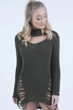 Rebellious Fashion Khaki High Neck Cut Out Distressed Jumper Dress - Adalyn