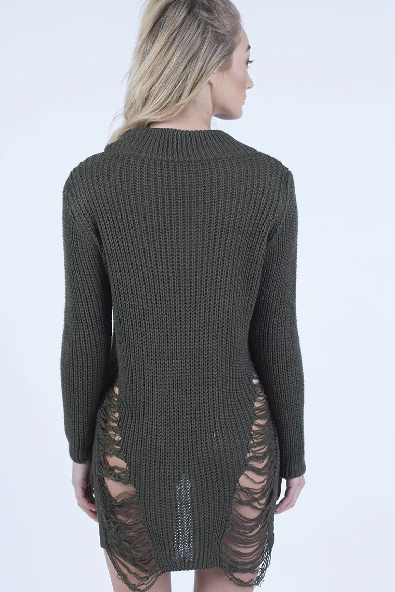 Rebellious Fashion Khaki High Neck Cut Out Distressed Jumper Dress - Adalyn