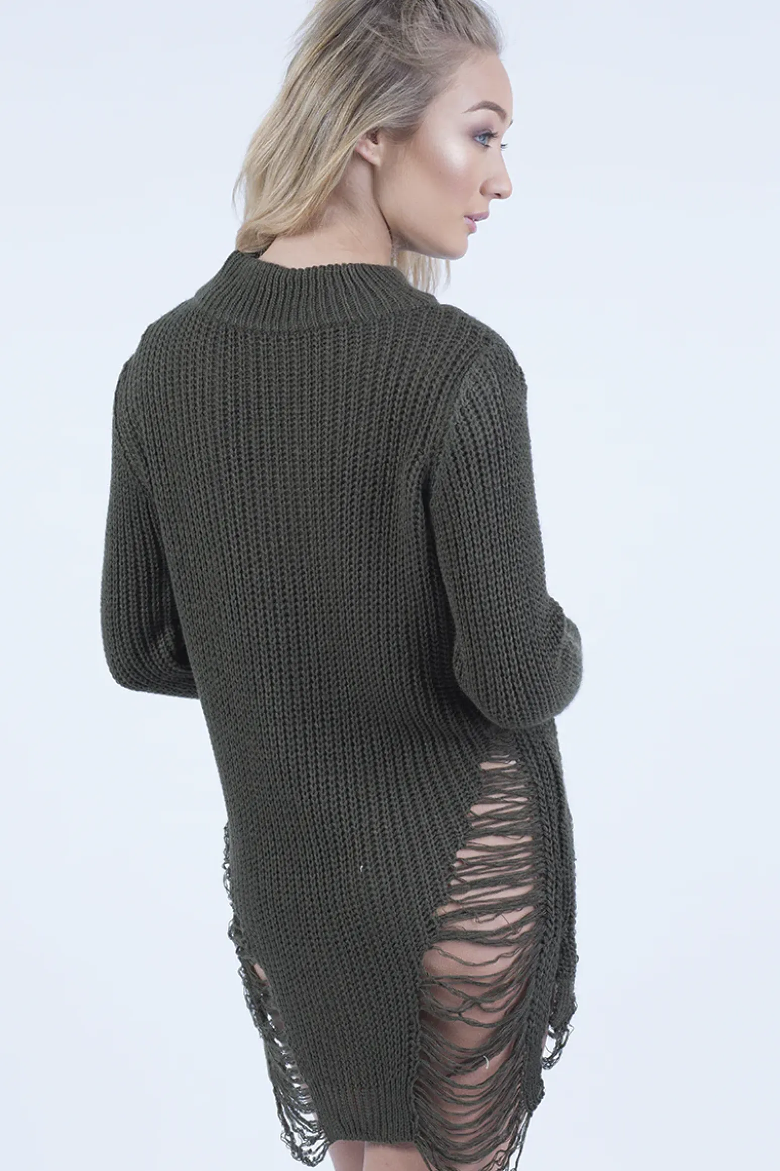 Rebellious Fashion Khaki High Neck Cut Out Distressed Jumper Dress - Adalyn