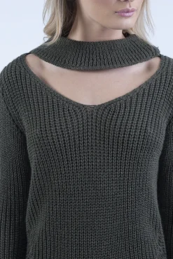 Rebellious Fashion Khaki High Neck Cut Out Distressed Jumper Dress - Adalyn