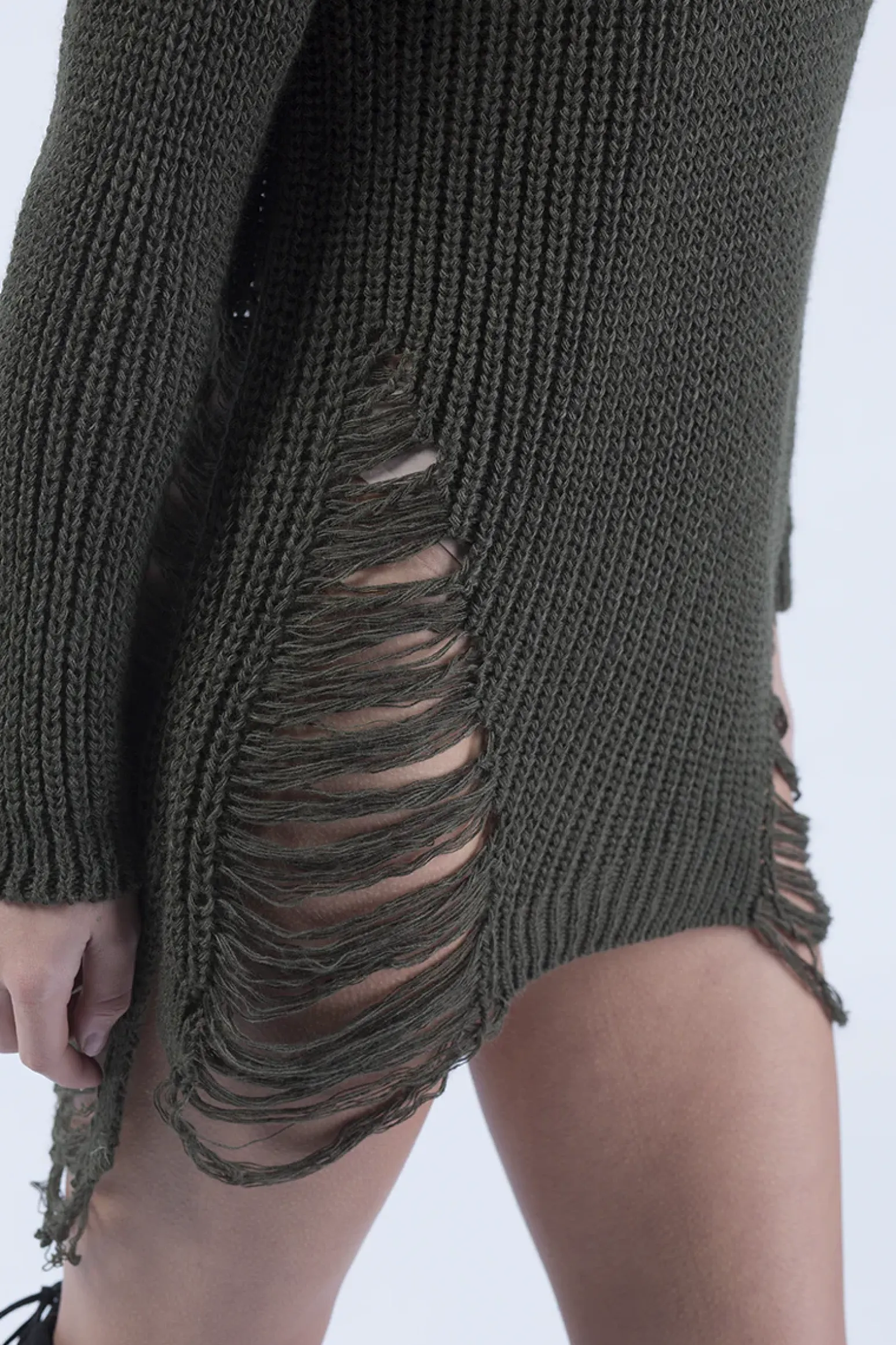 Rebellious Fashion Khaki High Neck Cut Out Distressed Jumper Dress - Adalyn