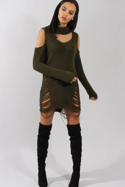 Rebellious Fashion Khaki High Neck Cut Out Distressed Jumper Dress - Jamie