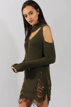 Rebellious Fashion Khaki High Neck Cut Out Distressed Jumper Dress - Jamie