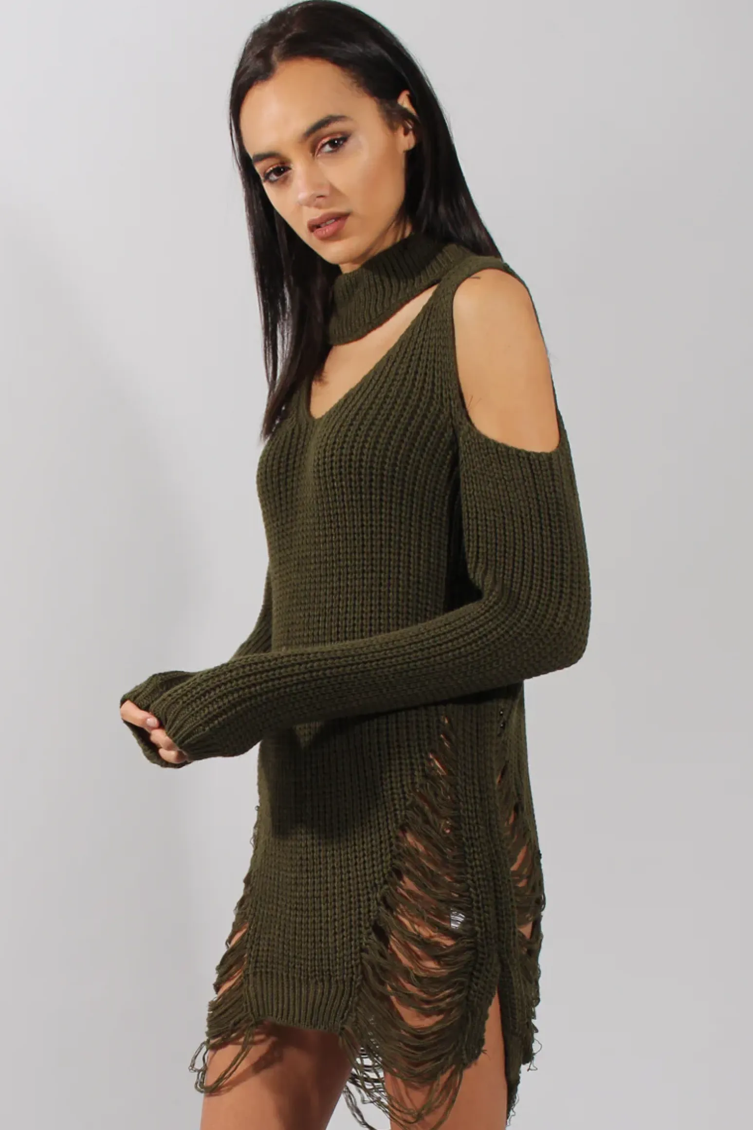 Rebellious Fashion Khaki High Neck Cut Out Distressed Jumper Dress - Jamie