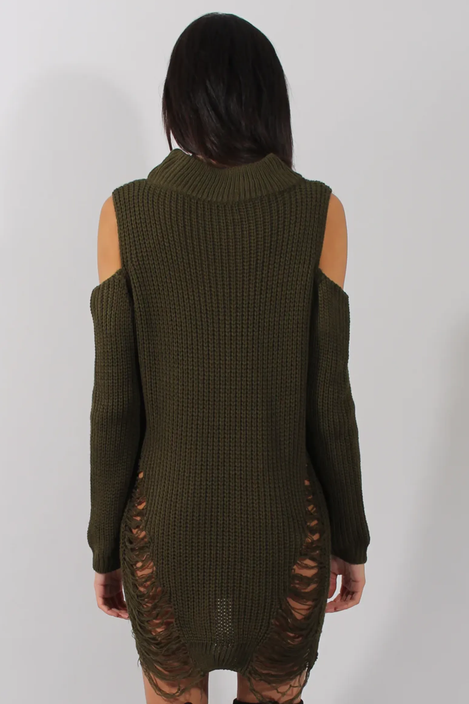 Rebellious Fashion Khaki High Neck Cut Out Distressed Jumper Dress - Jamie