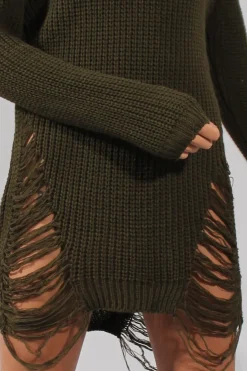 Rebellious Fashion Khaki High Neck Cut Out Distressed Jumper Dress - Jamie