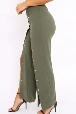 Rebellious Fashion Khaki High Waist Flare Trousers with Popper detail -Tamy