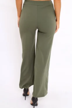 Rebellious Fashion Khaki High Waist Flare Trousers with Popper detail -Tamy