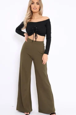 Rebellious Fashion Khaki High Waist Flare Trousers -Tisha