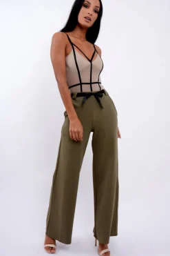 Rebellious Fashion Khaki High Waist Flare Trousers with Black Sash Belt - Lila