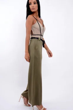 Rebellious Fashion Khaki High Waist Flare Trousers with Black Sash Belt - Lila