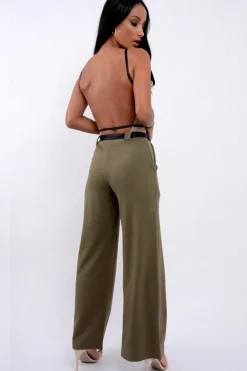Rebellious Fashion Khaki High Waist Flare Trousers with Black Sash Belt - Lila