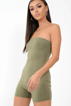 Rebellious Fashion Khaki Jersey Bandeau Playsuit - Cristyn