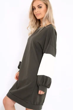 Rebellious Fashion Khaki Jumper Dress with Fur Sleeves - Paris
