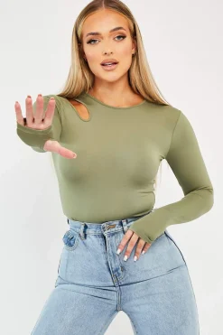 Rebellious Fashion Khaki Keyhole Cut Out Slinky Bodysuit - Elidia