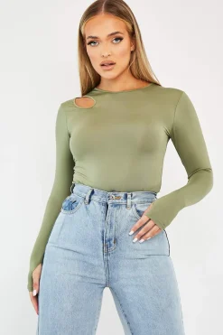 Rebellious Fashion Khaki Keyhole Cut Out Slinky Bodysuit - Elidia