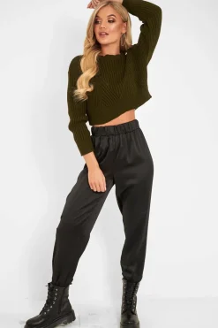 Rebellious Fashion Khaki Knit Detail Crop Jumper - Kiana