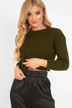 Rebellious Fashion Khaki Knit Detail Crop Jumper - Kiana