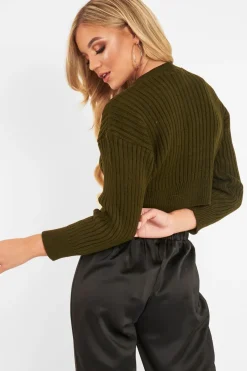 Rebellious Fashion Khaki Knit Detail Crop Jumper - Kiana