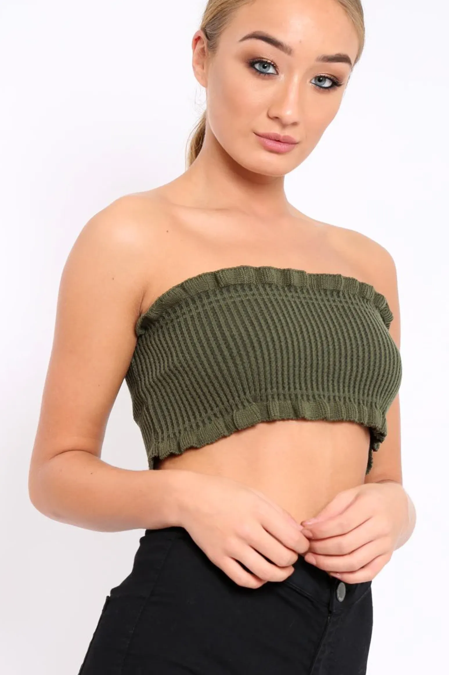 Rebellious Fashion Khaki Knit Frill Bandeau Crop Top - Poppy